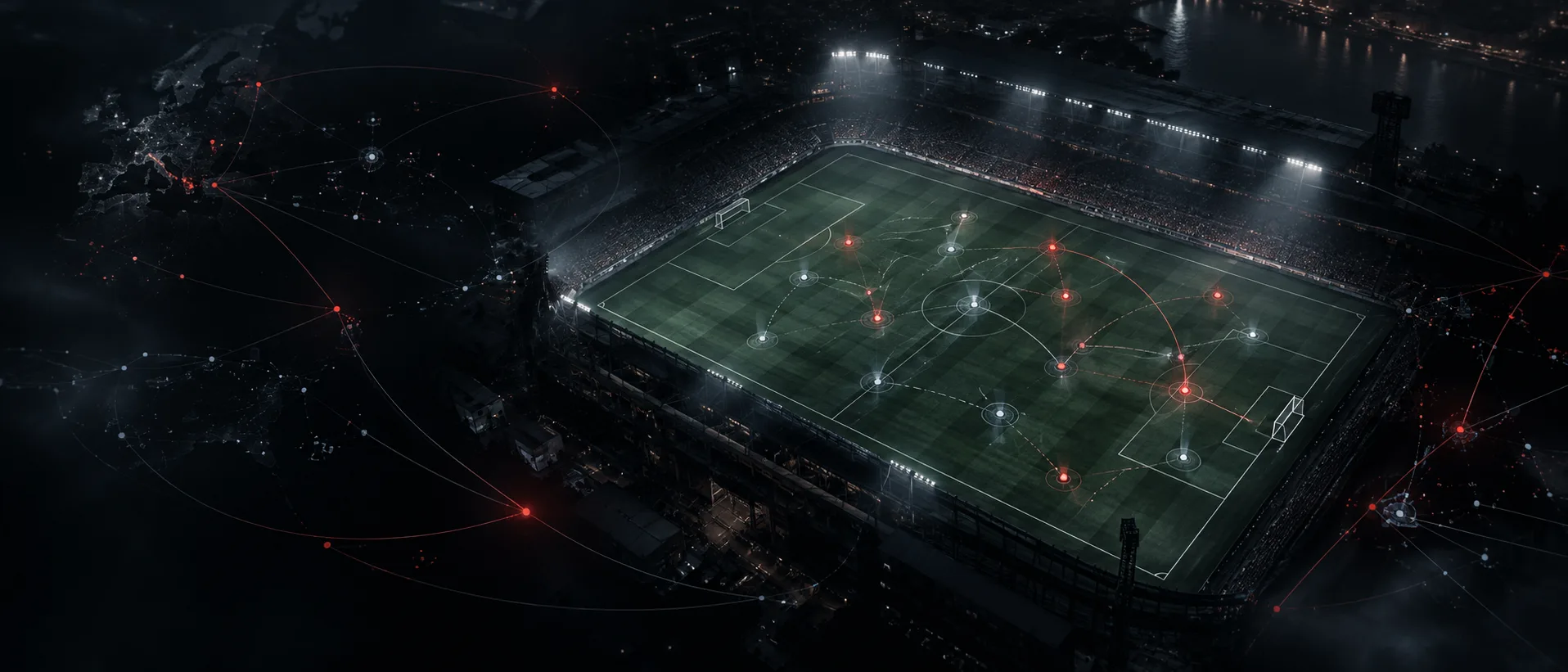 A football pitch connected by player-position and recruitment intelligence signals